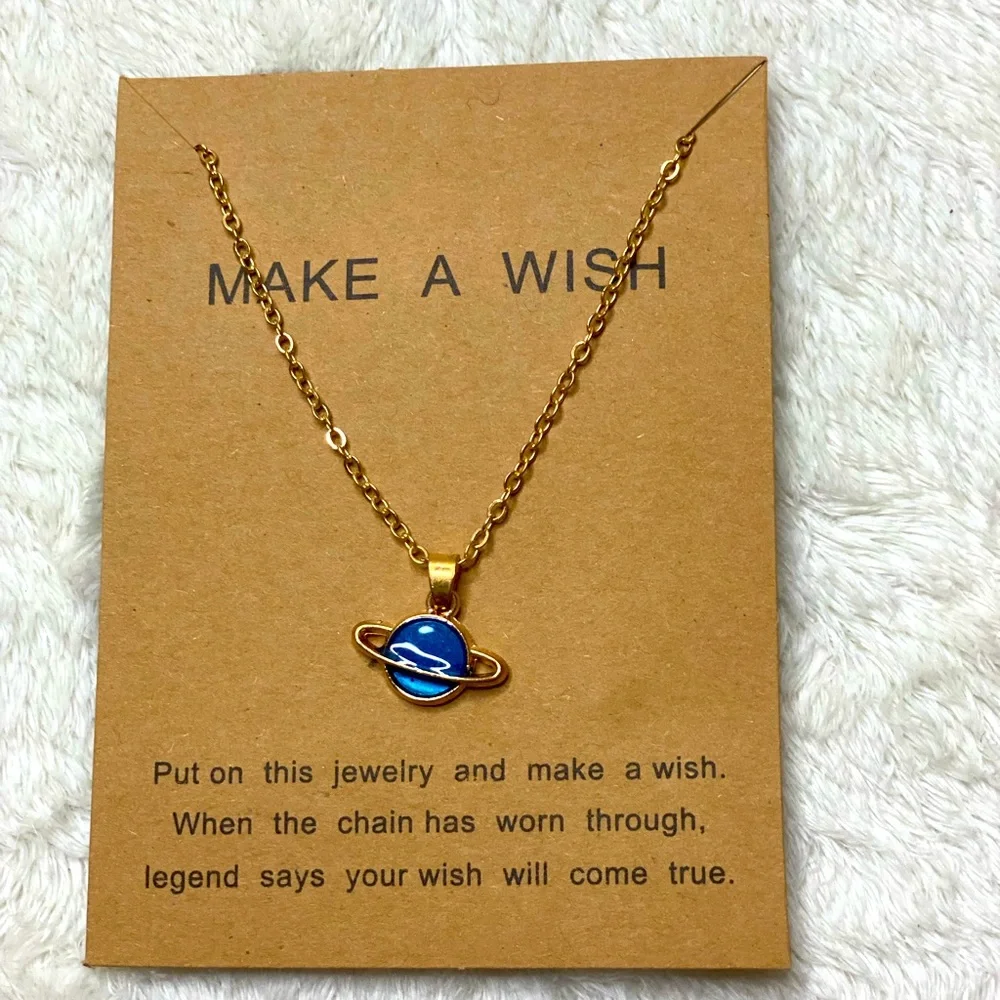 Planet Saturn Necklace Space Jewelry Make a Wish Gold tone chain